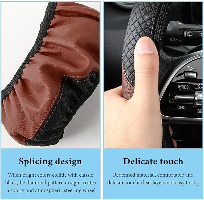 Car Steering Wheel Cover, 15 Inch Anti-Slip Stretch Leather Steering Wheel Protector, Comfortable Breathable Sporty Steering Wheel Cover for Women Men, Car Accessories (Black & Khaki, AD)