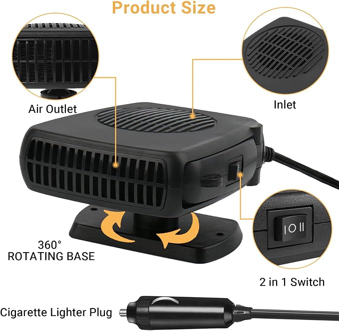 Car Heater, Car Heater That Plugs into Cigarette Lighter, 12V 200W Portable Car Heaters and Car Defroster Windshield Defogger, Heater for Car with 360 Degree Rotary Base