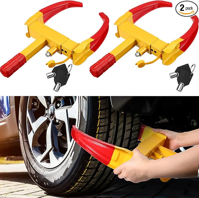 2 Pcs Wheel Lock for Cars, Heavy Duty Trailer Wheel Lock Universal Security Anti Theft Tire Clamp for Vehicles Boot Camper SUV ATV Boat Motorcycle Deterrent(Red)