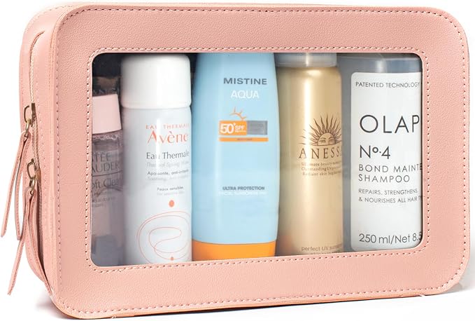 Clear Toiletry Bag, Portable Travel Makeup Pouch with Zipper, TSA Approved Organizer, PVC Cosmetic for Airport Airline Compliant Pink Car Accessories for Women (Pink)