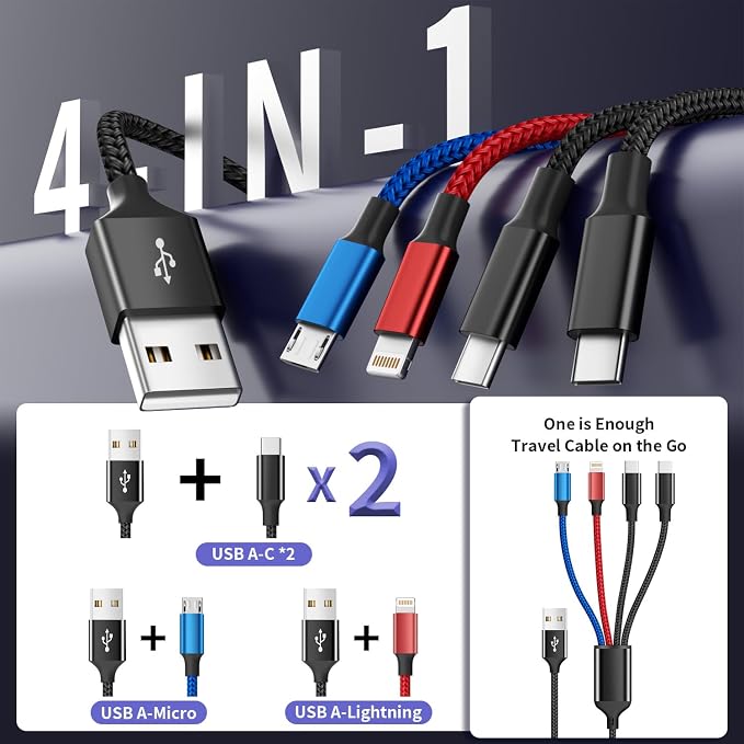 4Packs 5FT Dual Type-C 4 in 1 Multi Charging Cable with 2 USB-C/IP/Micro Port, USB Cable iPhone Charger Cord, Travel Cruise Essentials Car Accessories for iPhone17-8, Galaxy 25 Android iPad, More