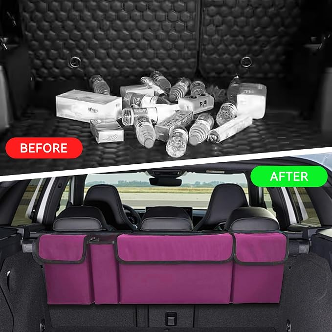 Car Trunk Organizer, Waterproof Collapsible Cargo Bag with 4 Pockets,Backseat Hanging Large Storage with Adjustable Straps, Sturdy Space Saver Frees Trunk Floor for SUV, Truck (Purple)