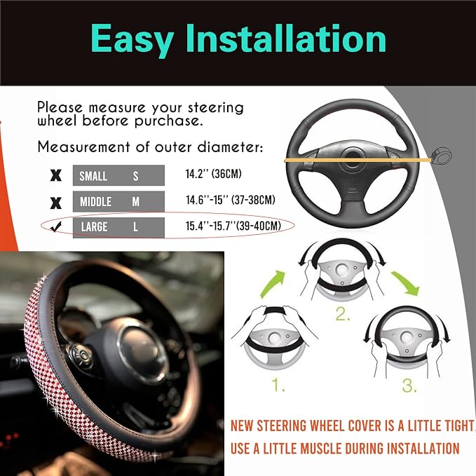 Large Size Bling Comfy Steering Wheel Cover with Jumbo Crystal Rhinestones, Anti-Slip Diamond Leather, 15.5-15.75 Inch (Red)