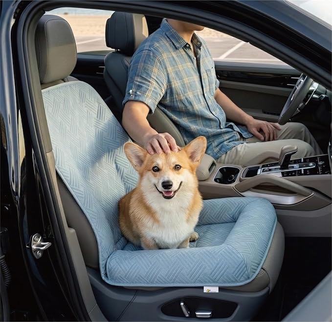 Premium Cooling Dog Car Seat Mat for Small Dogs & Puppies, Breathable Puppy Car Seat for Front & Back Seat Travel, Cool-to-Touch Washable Pet Travel Lounge with Supportive Bolster