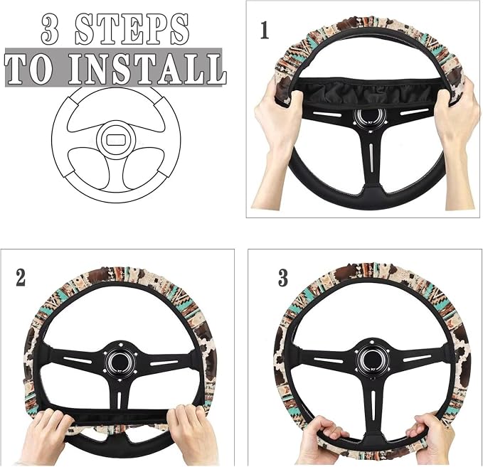 Aztec Brown Cow Print Retro Auto Car Steering Wheel Cover for Women Men, Universal 15 Inch Soft Elastic Anti-Slip Easy to Install Car Accessories