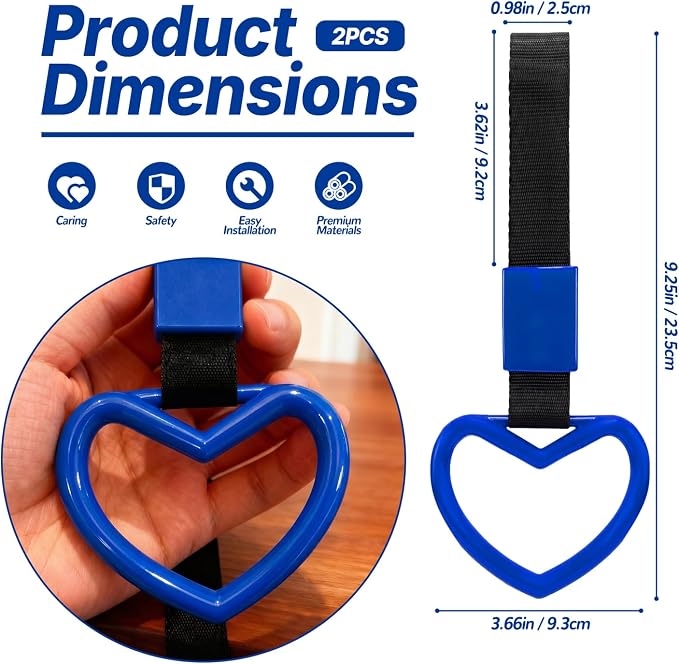 2 Pcs Heart Shaped Car Handle Strap – JD M Drift Charm Rear Bumper Warning Ring Decor for Car Interior Exterior, Subway Bus Handle Accessory, Cute Heart Car Decor Gift for Drivers (Blue)
