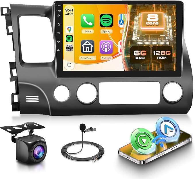 8 Core 6G+128G Car Stereo Radio for Honda Civic 2006-2011 with Wireless CarPlay/Android Auto/9 Inch 1280 * 720P IPS Touchscreen/Bluetooth 5.0/GPS/WiFi/DSP/36 EQ/AHD Backup Camera