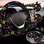 Paw Print Steering Wheel Cover for Women, Universal Auto Steering Wheel 14-15 Inch Car Interior Accessories with 2PCS Car Coasters, Suitable for Men and Women