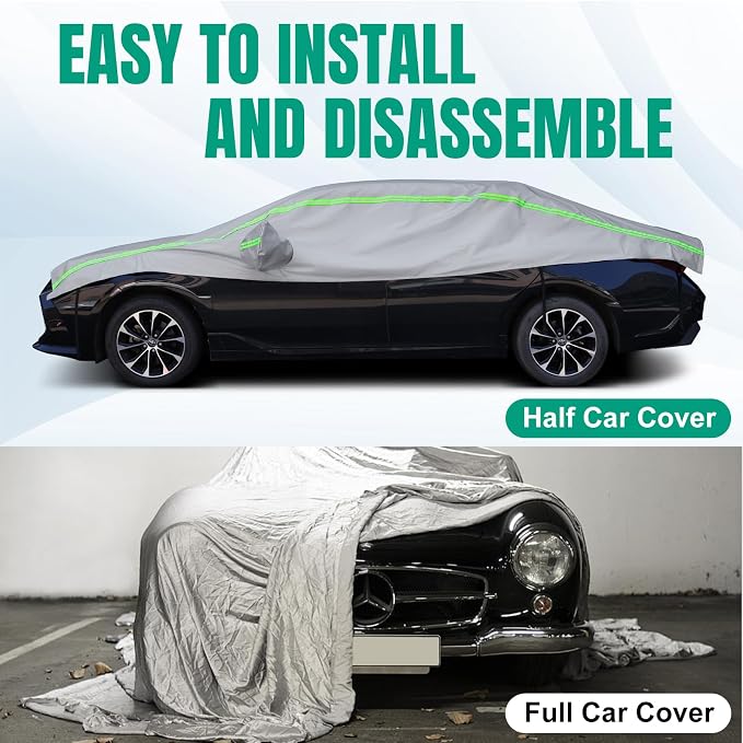 Half Car Cover SUV,Top Cover with Green Reflective Strip, Hail Protector Car Cover with Cotton Liner, Sunroof & Windshield Cover for Ice and Snow, All Weather Car Body Cover for Snow, Sun, Rain, Dust