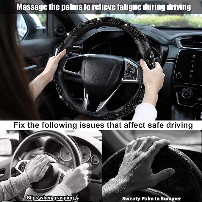 Bling Steering Wheel Cover for Women, 3PCS Crystal Rhinestone Car Steering Wheel Protector Covers, Sparkly Decoration for Most Steering Wheels, Bling Car Interior Accessories (Black Diamond)