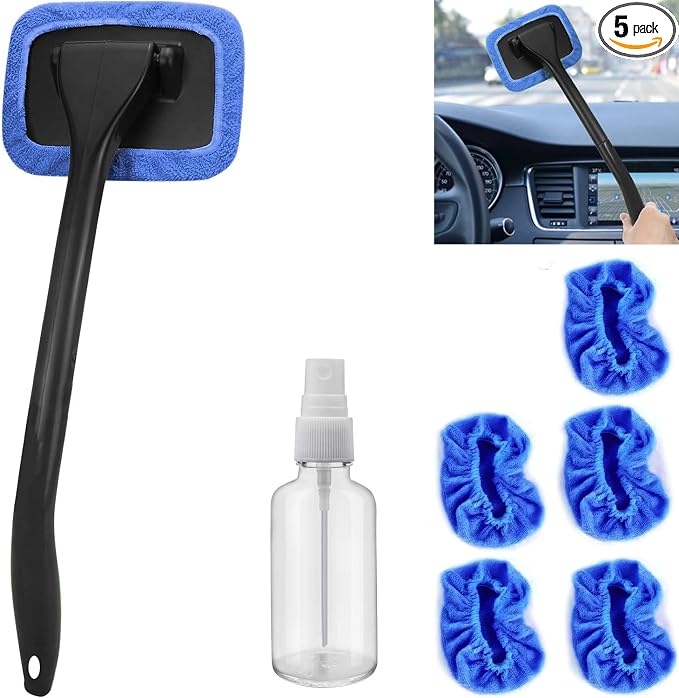 Car Windshield Cleaner Tool with Extendable Handle, Inside Auto Window Glass Cleaning Kit with 5 Washable Microfiber Pads, Streak-Free Defogger Wand for Deep Dashboards & SUVs