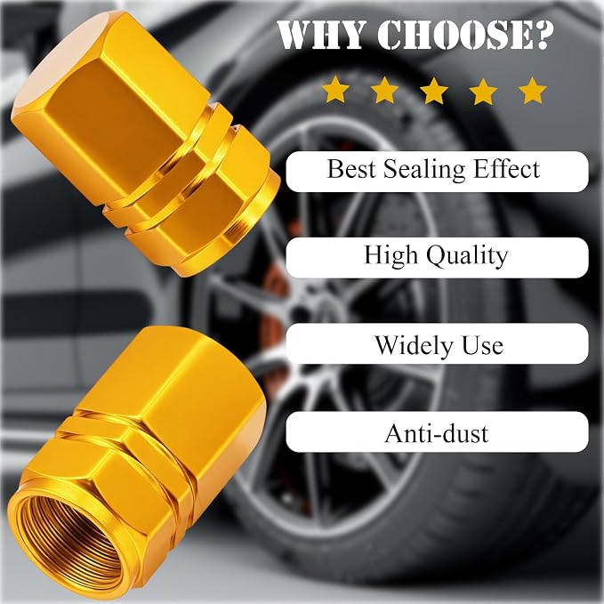 8PCS Tire Valve Stem Caps, with Rubber O-Ring, Corrosion Resistant Leak-Proof, Aluminum Alloy Universal Wheel Valve Covers for Cars, SUV, Trucks, Bikes, Motorcycles, Bicycles(Gold)