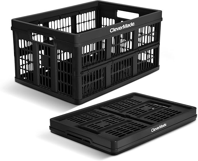 Collapsible Utility Crate 45L Foldable Plastic Crate with Heavy Duty 66 lb Capacity for Storage, Trunk Organization, & Moving - Obsidian