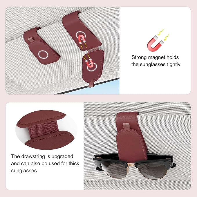 Sunglass Holder for Car Visor, Suede Cloth Magnetic Sunglass Organizer for Car Accessories, 2 Packs, Claret