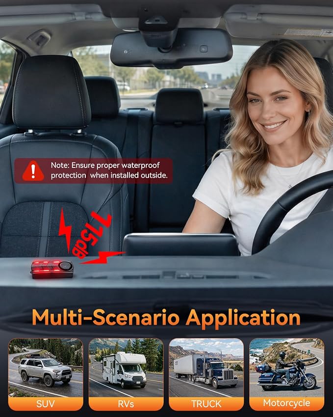 Upgraded 115dB Car Alarm System, Anti-Theft Vibration Sensor Alarm with Ultra-Bright Red Warning Light, Wireless Remote Anti Theft Vehicle Device, for Car, RV, SUV, Truck.