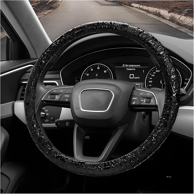 Sun Walker Leather Car Steering Wheel Cover, 15" Anti-Slip Crocodile Pattern Wheel Protector with Rose Grain, Comfortable Grip Steering Wheel Protector Universal for Cars SUVs Trucks (Black)