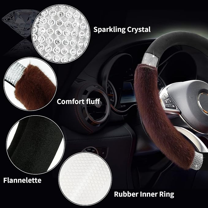 Rhinestone Fluffy Steering Wheel Cover - Comfortable Non-Slip Luxury Faux Wool, Universal Fit for 14.5" to 15" Steering Wheels