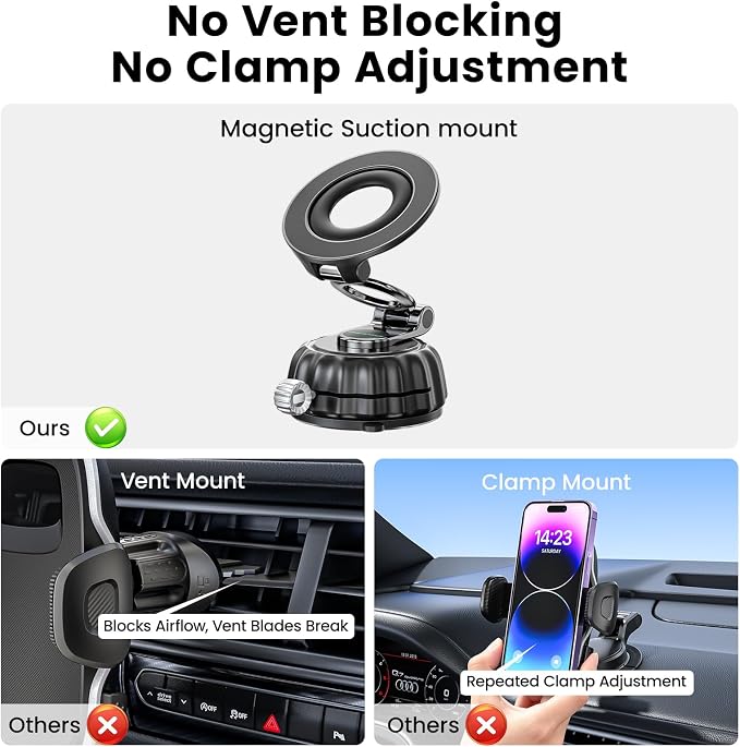 Strong Suction Cup Magnetic Car Phone Holder for iPhone & Android Phones, Shock-Resistant Phone Mount for Dashboard Windshield, 360° Rotation, Heavy-Duty, Foldable, Hands-Free, Ideal for Navigation