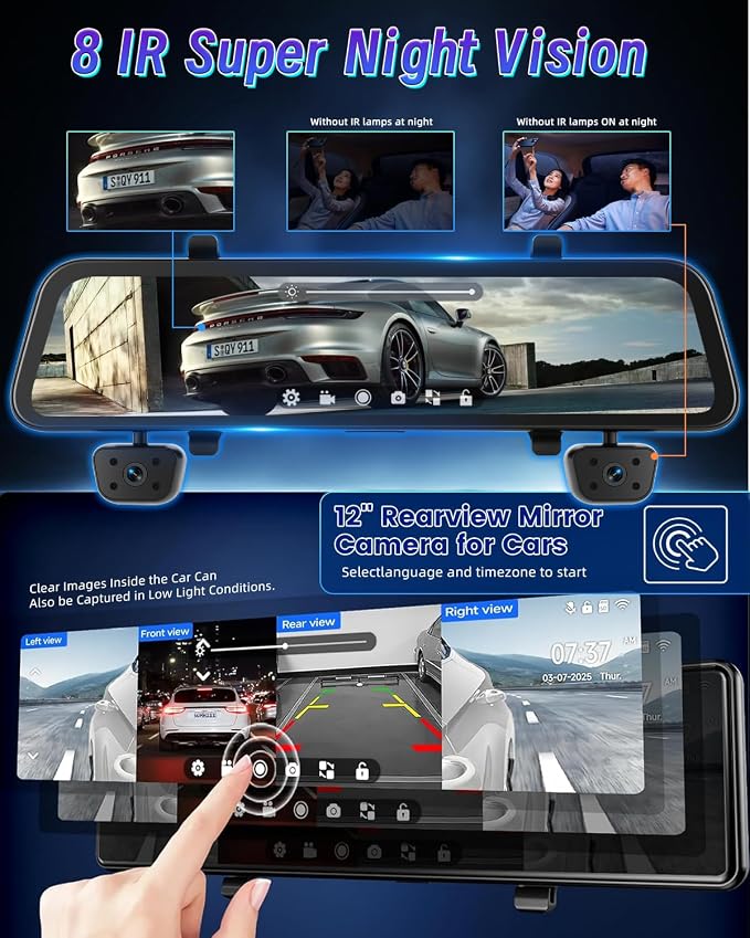12'' Rearview Mirror Camera for Cars, 360 Degree View 4 Channel Cam, 1080Px4 Rear View Mirror Cam, IR Night Vision for Left and Right Inside Car Camera, GPS, WiFi/APP Control + 64GB Card