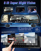 12'' Rearview Mirror Camera for Cars, 360 Degree View 4 Channel Cam, 1080Px4 Rear View Mirror Cam, IR Night Vision for Left and Right Inside Car Camera, GPS, WiFi/APP Control + 64GB Card