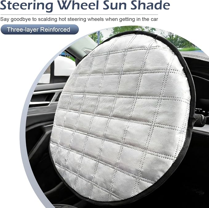 1 PC Steering Wheel Sunshade Cover, 16.93" Slip-on Steering Wheel Heat Shield Protector, Foldable Portable Anti-Scalding Cooling Driving Handle Sun Cover, Universal for Most Cars (Silver)