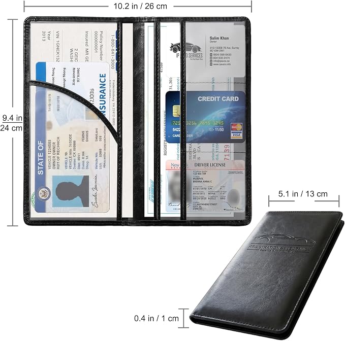Premium Car Registration & Insurance Card Holder with Magnetic Shut, Vehicle Glove Box Car Organizer - For Documents, Cards, License (Cowhide Black)