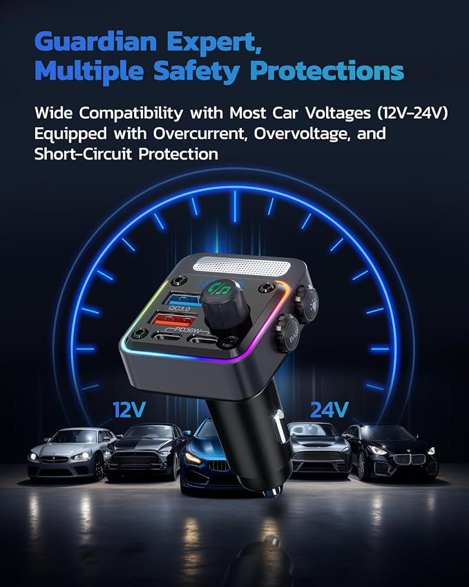 54W Bluetooth 5.3 Car Adapter Charger 4-Port Fast Charging [PD36W & QC3.0 18W], Wireless Radio FM Transmitter with Deep Bass Player, 5 Colors LED Backlit, Hands-Free Calling, Support USB Drive