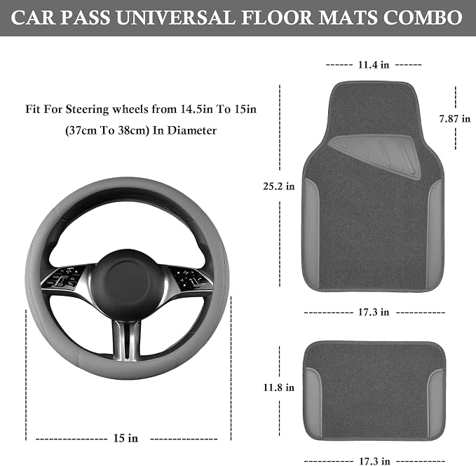 Microfiber Leather Steering Wheel Cover and Waterproof Car Floor Mats,Universal Car Combo Fit for 95% Sedan,SUV,Cars,14.5-15inch Anti-Slip Safety Comfortable Faux Leather Design(Solid Gray)