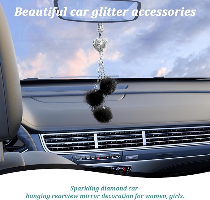 Bling Diamond Heart Car Interior Accessories - Heart & Pink Plush Ball Decor Ornament Pendant, Mirror Hanging Decoration Charm (Black)