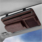Sun Walker Car Sun Visor Organizer, Suede Leather Visor Storage Pouch Holder with Net Zipper, Multi-Pocket Vehicle Sunshade Organizer for Eyeglasses Card License Registration (Brown)