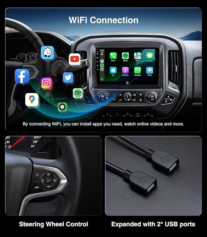 10.2'' Car Stereo for GMC Sierra Chevy Silverado 2014-2018 Without Bose | HD Touchscreen Carplay/Android Auto/GPS/Bluetooth/AM/FM Radio/HD Backup Cam/SWC