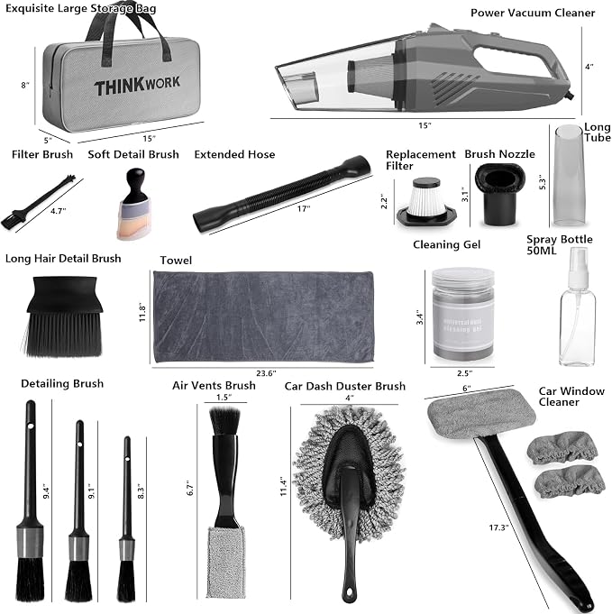 Car Cleaning Kit, Car Vacuum Kit, Gray Car Interior Detailing Kit with 8000PA High Power Vacuum, Including 7Pcs Detailing Brush Set and Bag