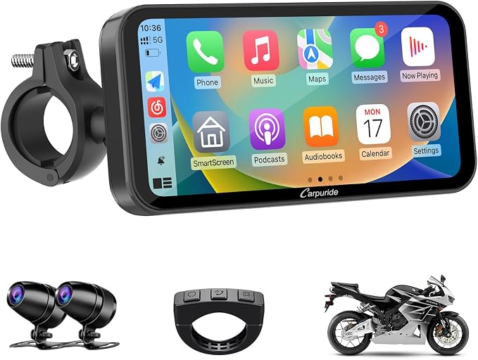 Carpuride W603D Motorcycle GPS Carplay Screen, Wireless CarPlay & Android Auto for Moto, with HD 1080P Dual Cameras, Remote Control，6.3" Waterproof Touchscreen, BT Aduio, Loop