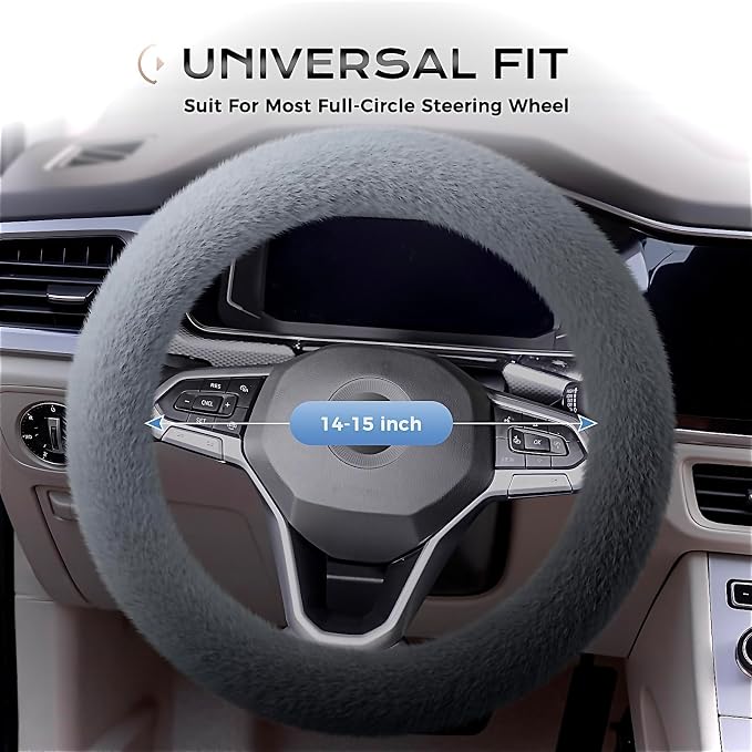 Coverado Winter Fluffy Steering Wheel Cover, Upgraded Anti-Slip Fuzzy Furry Car Steering Wheel Cover, Universal 14-15 inch, Soft Plush, Warm, No Odor, Luxurious Decoration for Women Men, Gradient Gray