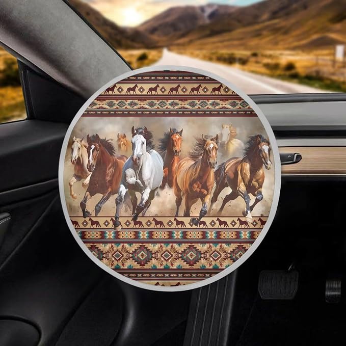 Aztec Horse Steering Wheel Cover Sun Shade 17 inch Universal Insulated Steering Wheel Cover for Cars SUV Truck Van Anti-Heat Steering Wheel Sun Block Cover Heat Reflector