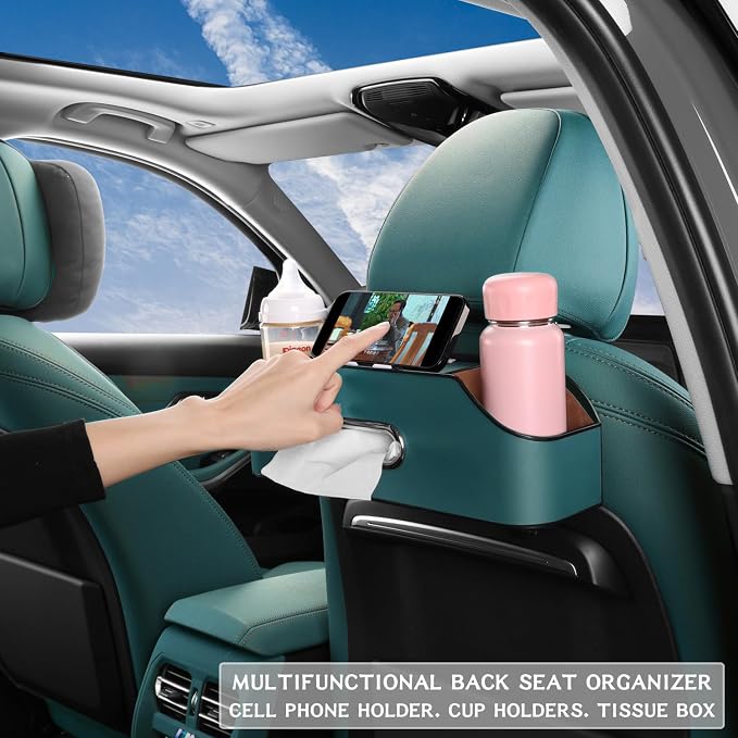 Car Back Seat Organizer with 2 Drink Cup Holder - Tissue Box and Storage Box Hook - Multi-functional Storage - Great for Kids and Travel (Blue)