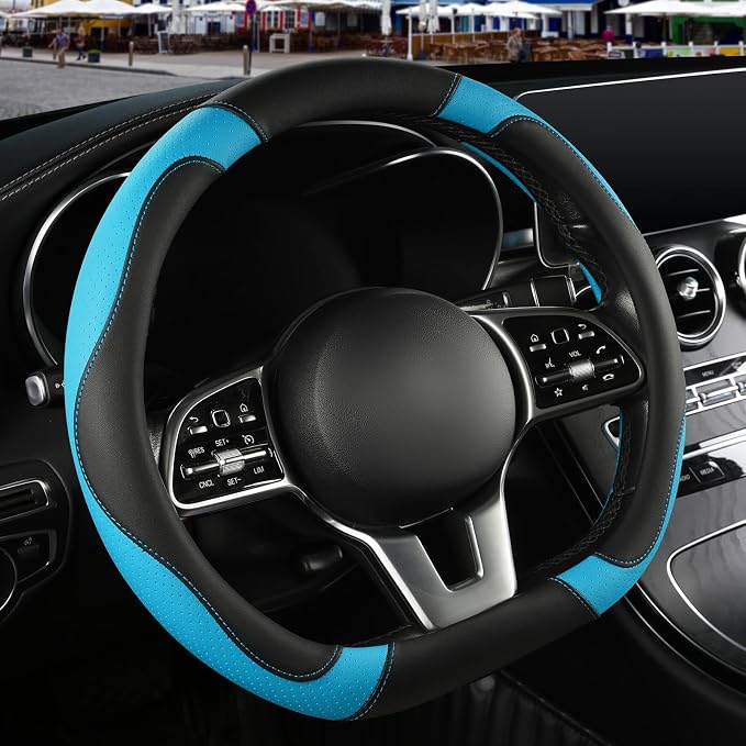 Black Blue Microfiber Leather D Shaped Steering Wheel Cover | Breathable Anti Slip Grip Cool Sporty Look Glow for Women Men