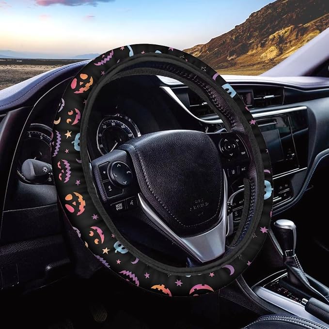 Universal Automotive Steering Wheel Covers Fit 14 to 15 inch | Ghost Face Star Print, Easy Fix Machine Washable Steering Wheel Protection for All Season
