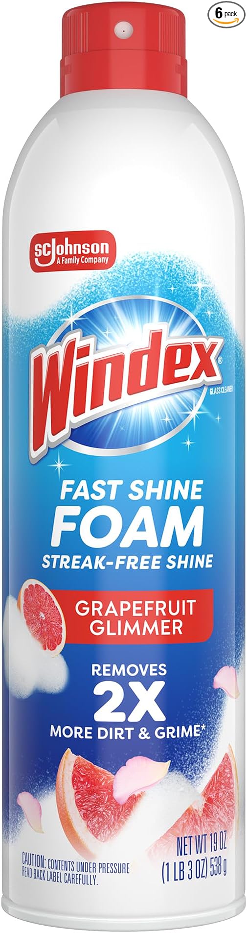 Fast Shine Foam Glass Cleaner, No-Drip Windows, Doors, Mirrors, Countertops Aerosol Cleaning Spray, Streak-Free Shine, Removes Fingerprints, Dust, Dirt, Grapefruit Scent, 19 oz (Pack of 6)