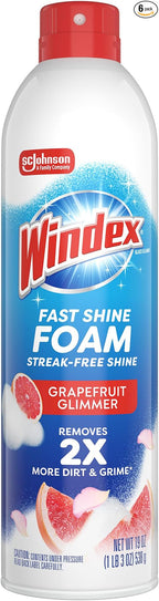 Fast Shine Foam Glass Cleaner, No-Drip Windows, Doors, Mirrors, Countertops Aerosol Cleaning Spray, Streak-Free Shine, Removes Fingerprints, Dust, Dirt, Grapefruit Scent, 19 oz (Pack of 6)