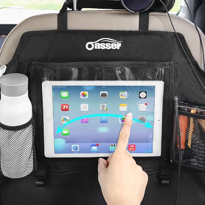 Oasser Seat Back Protector Kick Mats Backseat Car Organizers | 2 Pack, 1 Tissue Box, 12.9" Touch Screen Tablet Holder, Large Back of Seat Protector and Storage for Kids, 8 Pockets, Black