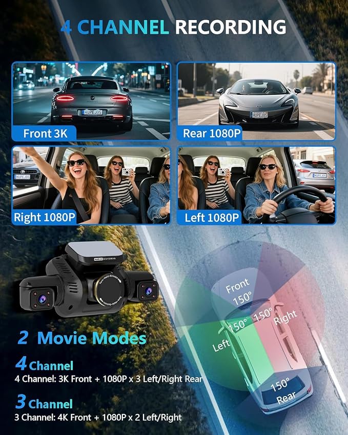 AI Dash Cam Front Rear Inside with Driver Monitor System, 360° Car Camera 4K, 4 Channel Camera for Cars, WiFi GPS, Dashcam 64GB SD Card, Night Vision, 24H Parking Mode, Upgrade DMS V8Plus