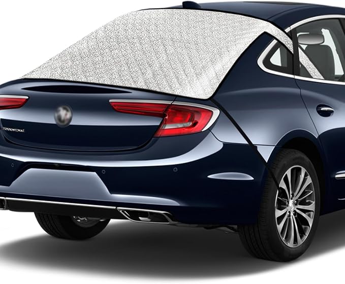 Car Rear Windshield Cover, 4-Layer Waterproof Back Window Protector for Ice and Snow Sun UV Rays Dust, Winter Hail Frost Shield, with Windproof Strap - Fits Most Sedans, SUV | Medium
