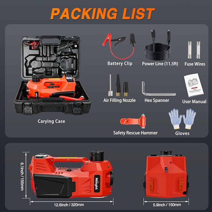 Electric Car Jack 5 Ton 12V Hydraulic with Inflatable Pump LED Light 3 in 1 Portable Floor Jack for Tire Change