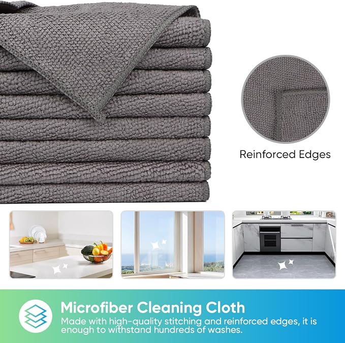 Grey Microfiber Cleaning Cloth, 24 Pack Cleaning Towels for Kitchen, Lint Free, Scratch-Free, Highly Absorbent, and Reusable Cleaning Rags for House, Window and Glass, Cars, 11.5 X11.5 inch