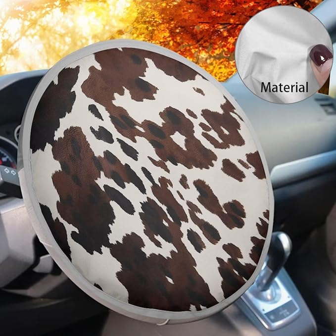 Brown Cow Print Steering Wheel Cover Sun Shade 17 inch Anti-Heat Steering Wheel Sun Cover Cute Car Steering Wheel Accessories Universal Fit for Cars SUV Trucks Sedan