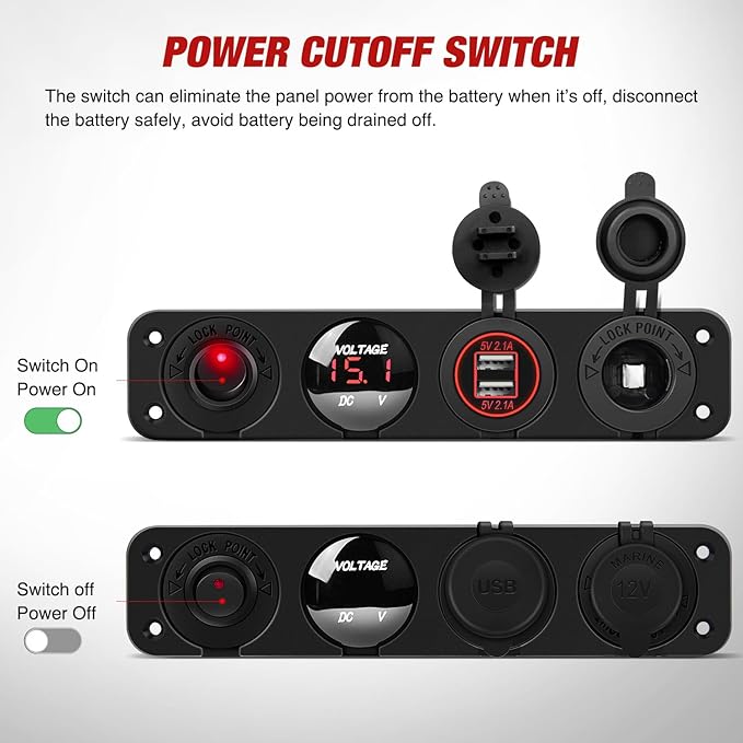 4 in 1 ON/Off Charger Socket Panel Dual USB Power Outlet LED Voltmeter Cigarette Lighter Socket Lighted ON Off Rocker Toggle Switch for Truck Car Marine Boats RV,2 Years Warranty