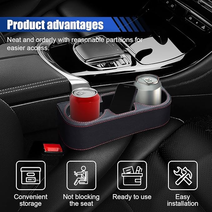 Car Cup Holder, PU Leather Cover Auto Front Seat Organizer, Black | Multifunctional Cup Drink Holder, Gap Filler Coin Bucket Storage Box, Console Side Pocket, Cell Mobile Phone Holder