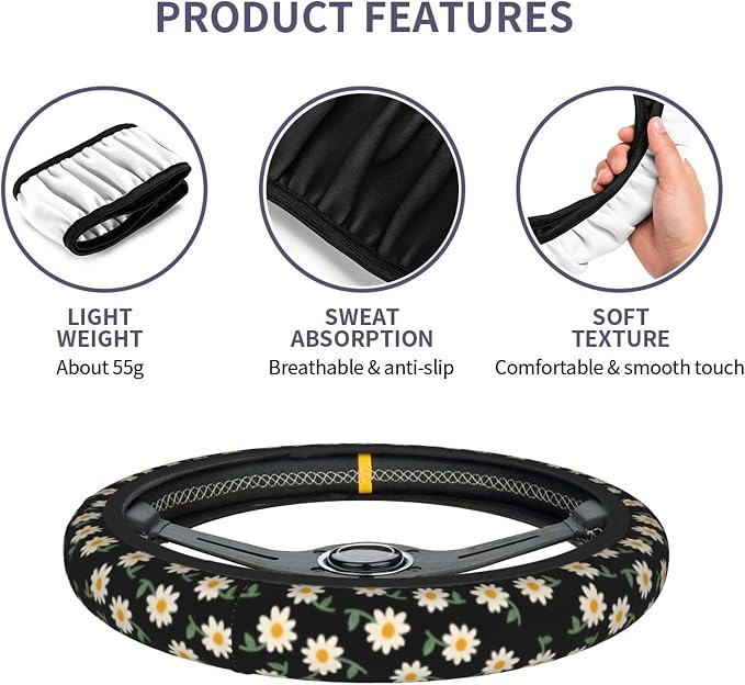 Daisy Flower Steering Wheel Cover 15 Inch + 2Pc Cute car Coasters Set | Anti-Slip Breathable Universal Car Wheel Cover Soft Comfort Grip Accessories for Women Men