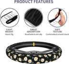 Daisy Flower Steering Wheel Cover 15 Inch + 2Pc Cute car Coasters Set | Anti-Slip Breathable Universal Car Wheel Cover Soft Comfort Grip Accessories for Women Men